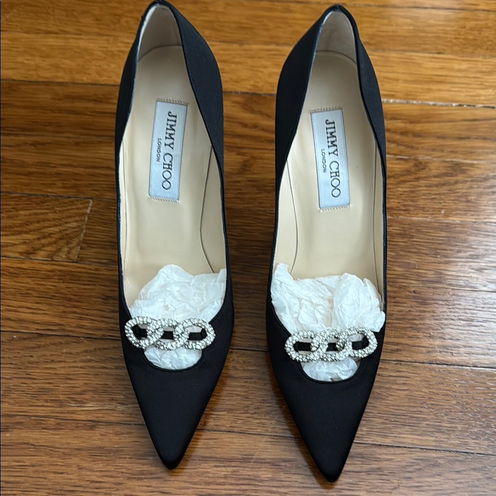 Jimmy Choo Black Satin Pumps with Crystal Embellishment